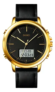 Relógio Masculino Skmei 1652 Anadigi Preto Dourado Luxo - Pulseira Couro, Cronômetro, Alarme, Calendário, Resistente À Água 3 ATM.