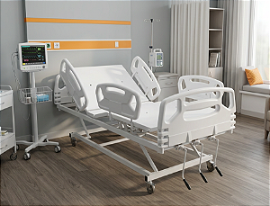 Cama Hospitalar Manual 3 Manivelas com Elevação de Altura e Grades Injetadas