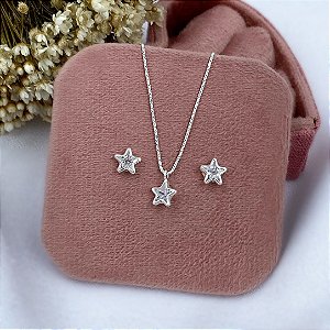 CONJUNTO PRATA VENEZIANA ESTRELA CRISTAL