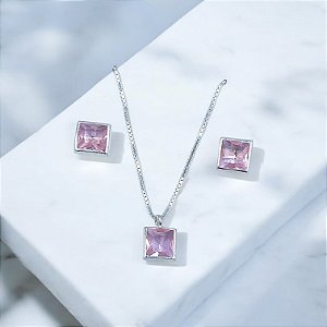 CONJUNTO PRATA QUADRADO ZIRCÔNIA ROSA