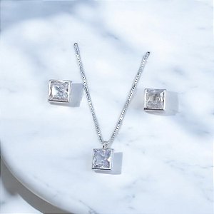 CONJUNTO PRATA VENEZIANA QUADRADO ZIRCÔNIA CRISTAL
