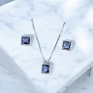 CONJUNTO PRATA VENEZIANA QUADRADO ZIRCÔNIA LILÁS