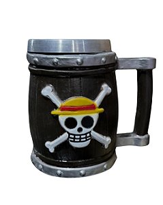 Caneca Copo 3D Barril One Piece Jolly Roger Resina Anime Geek Colecionável