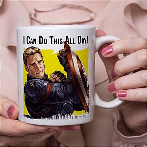 Caneca Cilíndrica Capitão América I Chris Evans Can Do This All Day Os Vingadores Branca