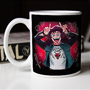 Caneca Cilíndrica Eddie Munson Hellfire Club Stranger Things Branca