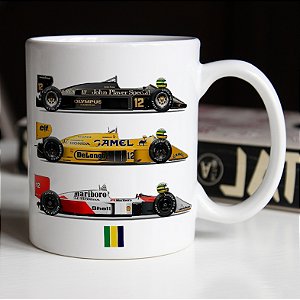 Caneca Ayrton Senna da Silva Lotus Camel Lotus JPS McLaren Honda Formula 1 Corrida Branca