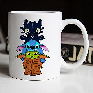 Caneca Banguela Stitch e Baby Yoda Branca