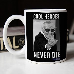 Caneca Cool Heroes Never Die Stan Lee Marvel Comics Branca