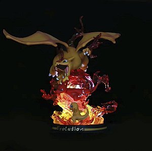 Estátua Colecionável Diorama Charizard Charmander Evolution com Led Pokémon Nintendo 26 cm