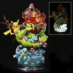 Estátua Colecionável Diorama Pikachu, Charmander, Bulbasaur com Led Pokémon Nintendo 26 cm