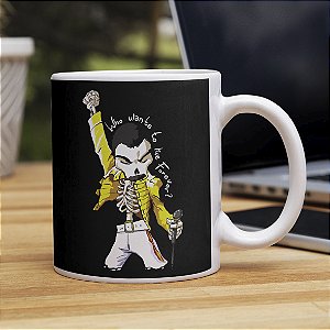 Caneca Cilíndrica Freddie Mercury Quem Quer Viver Para Sempre Caveira Rock Skull Queen Branca