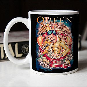Caneca Cilíndrica Freddie Mercury Queen Rock Legends Poster Branca
