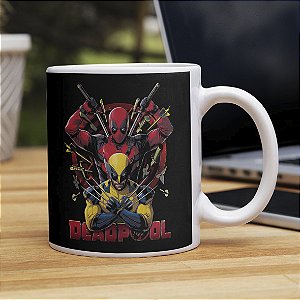 Caneca Cilíndrica Deadpool e Wolverine Logan X-Men Marvel Branca