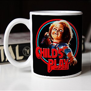 Caneca Cilíndrica Child's Play Chucky Faca Brinquedo Assassino Terror Branca