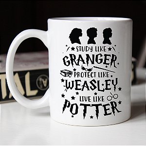 Caneca Cilíndrica Study Like Granger Protect Like Weasley Live Like Potter Bruxo Harry Potter Hermione Branca