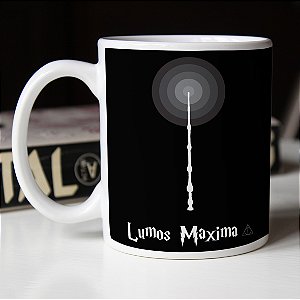 Caneca Cilíndrica Lumos Maxima Feitiço Magia Harry Potter Relíquias da Morte Deathly Hallows Branca