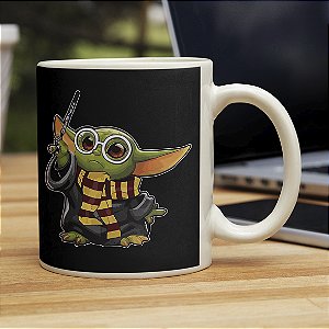 Caneca Cilíndrica Grogu Bruxo Harry Potter Baby Yoda The Mandalorian Star Wars Branca
