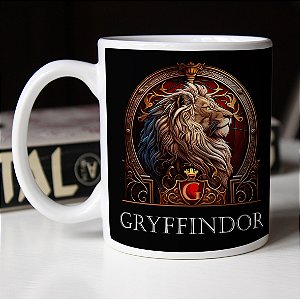 Caneca Cilíndrica Brasão Casa Gryffindor Grifinória Harry Potter Leão Escola Hogwarts Branca