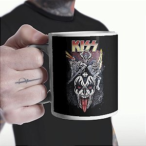Caneca Cilíndrica Kiss Rock And Roll Band Poster Branca