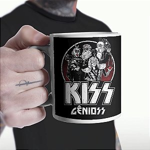 Caneca Cilíndrica Kiss Gênioss Humor Ilustração Hard Rock Gênios Branca