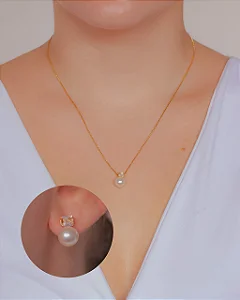 Conjunto Brinco e Colar Pérola e Zirconia no Dourado