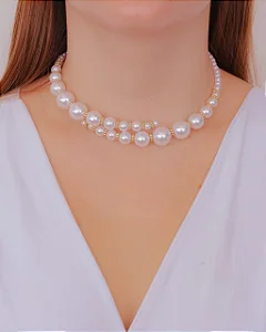 Colar Choker Aro de Pérolas e Rodinhas de Bolinhas no Dourado