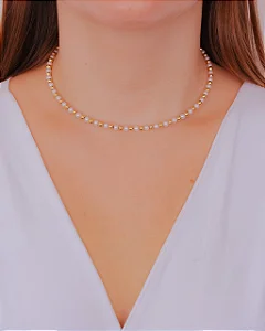Colar Choker Aro de Bolinhas e Pérolas no Dourado