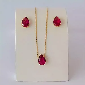 Conjunto Gota de Cristal Rosa Escuro
