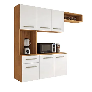 Armário de Cozinha Completa Suspenso com Balcão 6 Portas 1 Gaveta Belíssima Freijó/Branco Fiorello