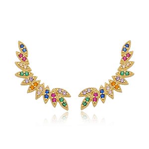 Ear Cuff Folhas com Zircônias Coloridas – Banhado a Ouro 18k