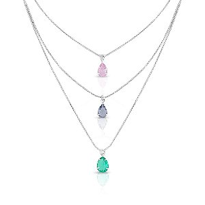 Colar Triplo Pedras Coloridas - Banhado a Ródio Branco