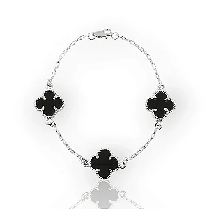 Pulseira Trevo Preto – Banhada a Ródio Branco