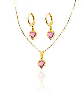 Conjunto Colar e Brinco Mini Argola Coração Rosa