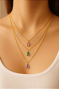Colar Triplo Pedra Rosa, Turmalina e Amestista