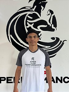 CAMISETA ARES BRANCA COM RECORTE E GOLA COR CHUMBO
