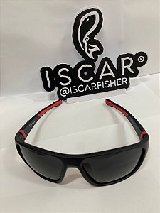 ÓCULOS DE SOL BLACK BIRD, COM PROTEÇÃO SOLAR UV400, PERSONALIZADO ISCAR FISHER - PRETO, NÃO ESPELHADO, ARMAÇÃO QUADRADA, PRETA COM DETALHES EM VERMELHO..
