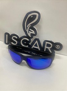 ÓCULOS DE SOL BLACK BIRD, AZUL ESPELHADO, COM PROTEÇÃO SOLAR UV400, PERSONALIZADO ISCAR FISHER - ARMAÇÃO QUADRADA, PRETA COM DETALHE AZUL - MODELO 01