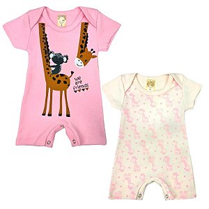 Kit Macacão Bebê Menina Girafinha Rosa e Off