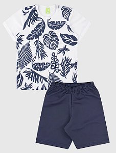 Conjunto Camiseta/Bermuda Masculino Folhas Azul.