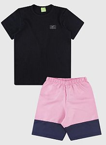 Conjunto  Camiseta/Bermuda Masculino Verão Preto/Rosa