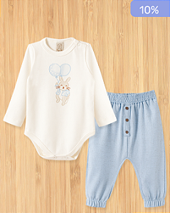 Conjunto Body Manga Longa e Calça Bebê  Coelhinhos e Balões