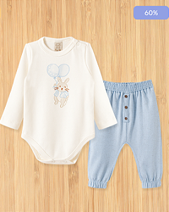 Conjunto Body Manga Longa e Calça Bebê Coelhinhos e Balões
