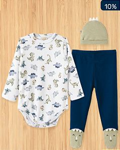 Conjunto de Bebê Dinossauro - Body, Calça e Gorro em Algodão Macio