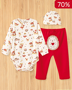 Conjunto de Bebê Ouriço - Body Vermelho, Calça Estampada e Gorro