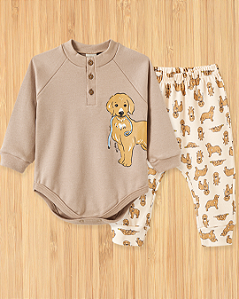 Conjunto Body Manga Longa e Calça Bebê Estampa Golden Retriver