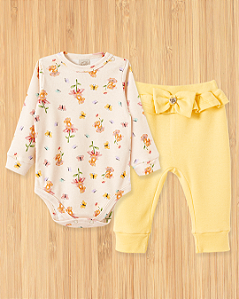 Conjunto Body Manga Longa e Calça Bebê Estampa Coelhinhos e Margaridas