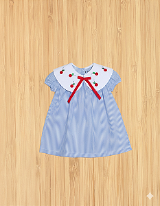Vestido Gola Cereja Infantil - Listrado Azul com Bordado