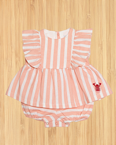 Macacão Shorts Listrado Rosa Lagosta - Conjunto Infantil