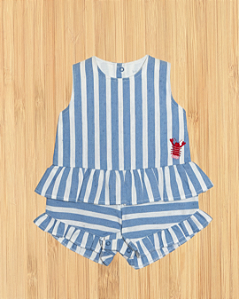 Macacão Listrado Lagosta - Conjunto Infantil Azul e Branco