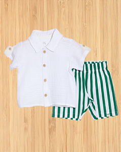 Conjunto Camisa Algodão com Bermuda Listras Verde Baby